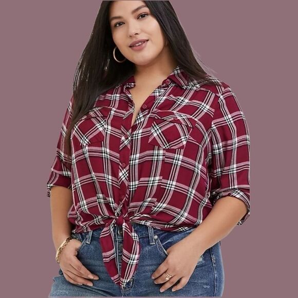 NWOT Torrid Plus Size New Burgundy Plaid Twill Tie Front Midi Shirt. - Picture 5 of 10
